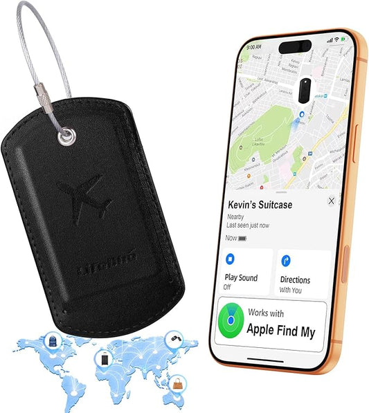 Luggage Tag with Tracker (iOS Only), Premium PU Leather Luggage Tags for Suitcase, Privacy Cover & ID Card Slot, Stainless Loop for Travel Bags, Backpack, Pet Carrier, Ideal Gadgets (Black)