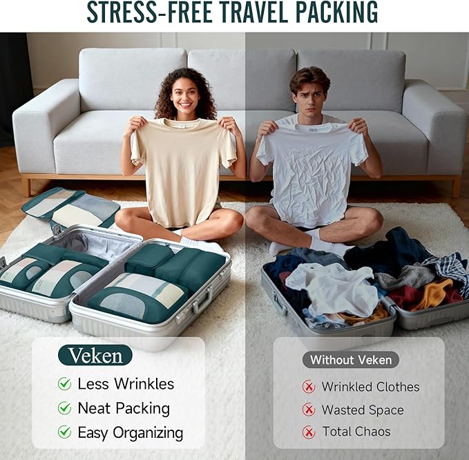 Veken 8 Set Packing Cubes for Travel Essentials, Suitcase Organizer Bags in 4 Sizes, Carry-On Luggage Accessories with Large Laundry & Hanging Toiletry Bag, Must-Have for Airplane, Road Trip & Camping