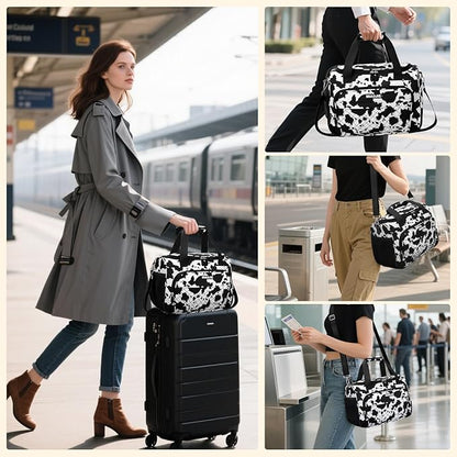 Travel Duffle Bag for Women, Underseat Carry On luggage Bag Foldable Overnight Weekender Hospital Bag Lightweight Airplanes Personal Item Travel Tote Bag for Women Birthday Gifts, 16IN Cow Print