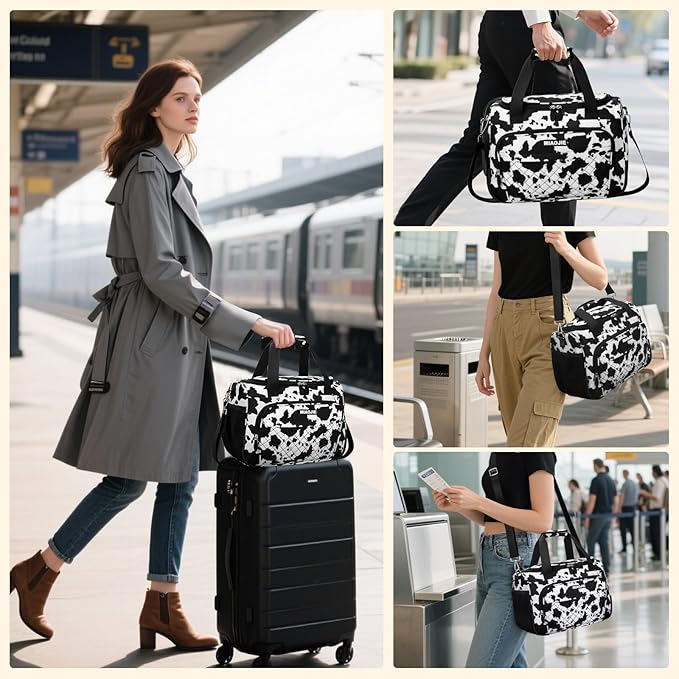 Travel Duffle Bag for Women, Underseat Carry On luggage Bag Foldable Overnight Weekender Hospital Bag Lightweight Airplanes Personal Item Travel Tote Bag for Women Birthday Gifts, 16IN Cow Print