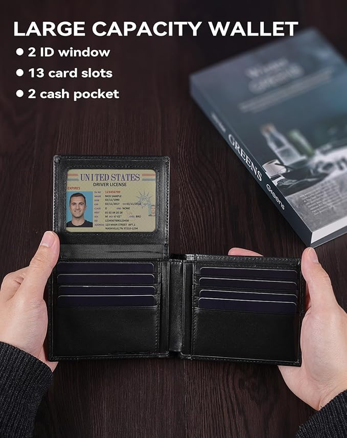 Swallowmall Leather Wallet for Mens Genuine Leather RFID Blocking Bifold Wallets with 2 ID Windows 13 Card Slots