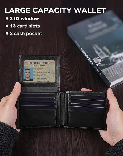 Swallowmall Leather Wallet for Mens Genuine Leather RFID Blocking Bifold Wallets with 2 ID Windows 13 Card Slots