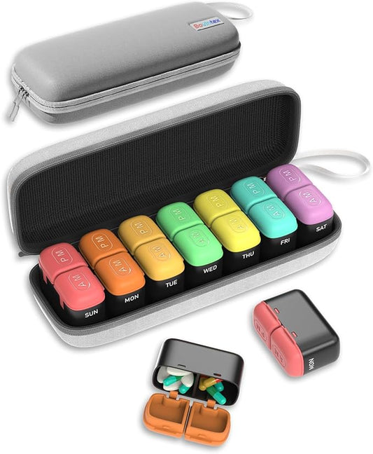 Weekly Pill Organizer 2 Times a Day, 7 Day Travel Medicine Pill Organizer with Moisture-Proof Silicone Lid, AM PM Daily Pill Bottle for Vitamins & Supplements, Pocket-Size Pill Case(Rainbow)