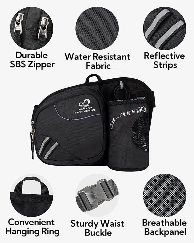 WATERFLY Fanny Pack Waist Bag: Waist Pack for Women Men with Water Bottle Holder Hiking Fanny Pack for Running Walking DogWalking Travel Cycling