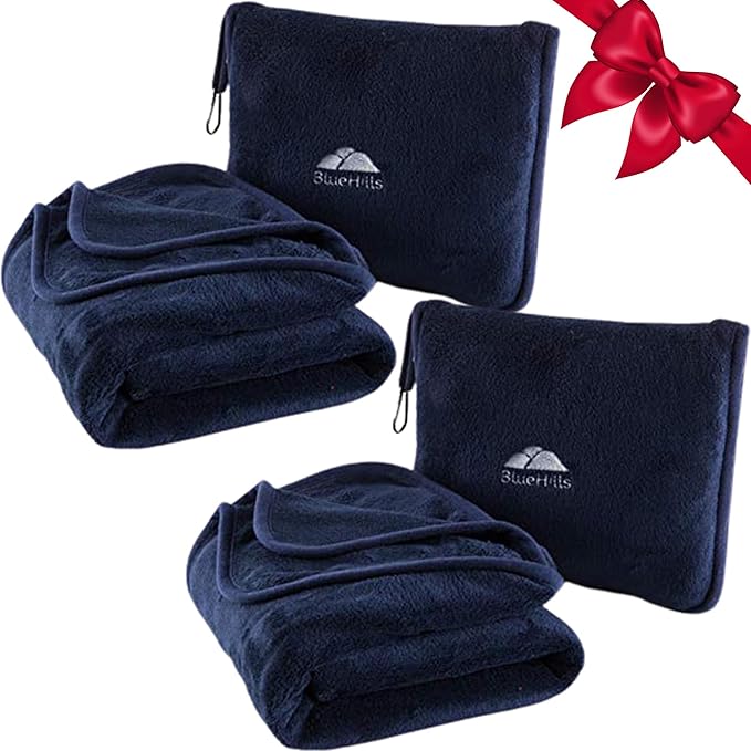 BlueHills Premium Soft 2-Pack Travel Blanket Pillows Airplane Large Plane Flight Throw Blankets for Two in Bag Compact Traveling Essentials Set Packable Warm Gifts Navy Blue T011