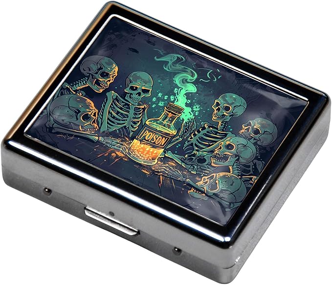 7 Days Chromed Shiny Silver Pill Organizer with Mirror Inside Has 8 Separate Compartments Rectangle Cute Travel Pill Organizer for Purse 7 Days (Skull Poison)