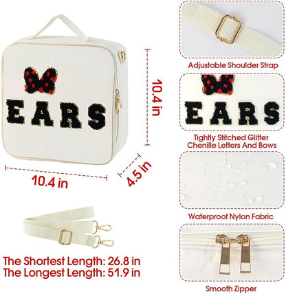 Chenille Letter Bow Mouse Ears Travel Case, Park Ears Headband Holder Hair Accessories Organizer Bag for Girls Women Kids Adults, Large Makeup Bag Snack Bags with Zipper for Travel Picnic - White