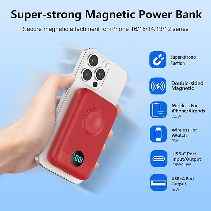Magnetic Portable Charger for iPhone,10800mAh 4-in-1 Power Bank with iWatch Charger,25W PD Fast Charging Battery Pack for Magsafe,iPhone 17/16/15/14/13/12 Series,Apple Watch,Travel Essential,Red