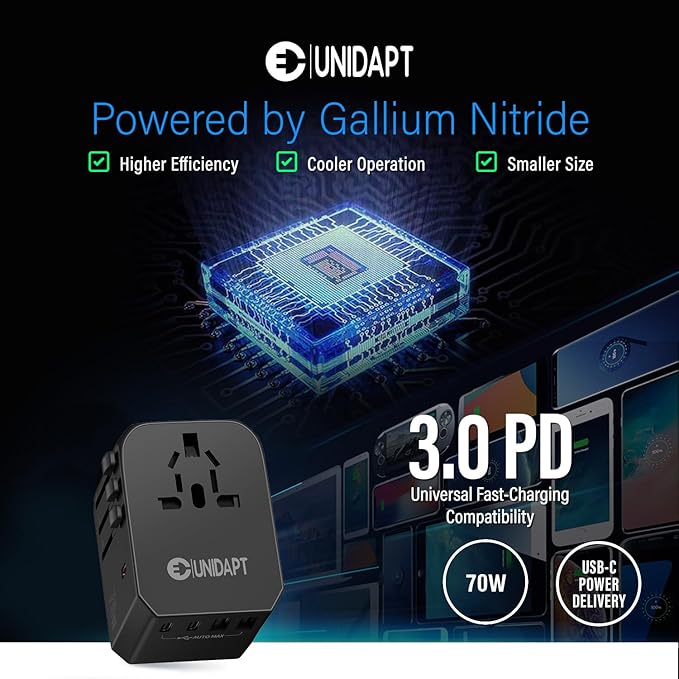Unidapt Universal Travel Adapter, 70W International Plug Adapter with 3 USB-C PD Fast Charging & 2 USB-A Quick Charger Worldwide Adaptor for USA EU UK AUS Black (JY305-MAX)