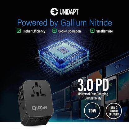 Unidapt Universal Travel Adapter, 70W International Plug Adapter with 3 USB-C PD Fast Charging & 2 USB-A Quick Charger Worldwide Adaptor for USA EU UK AUS Black (JY305-MAX)