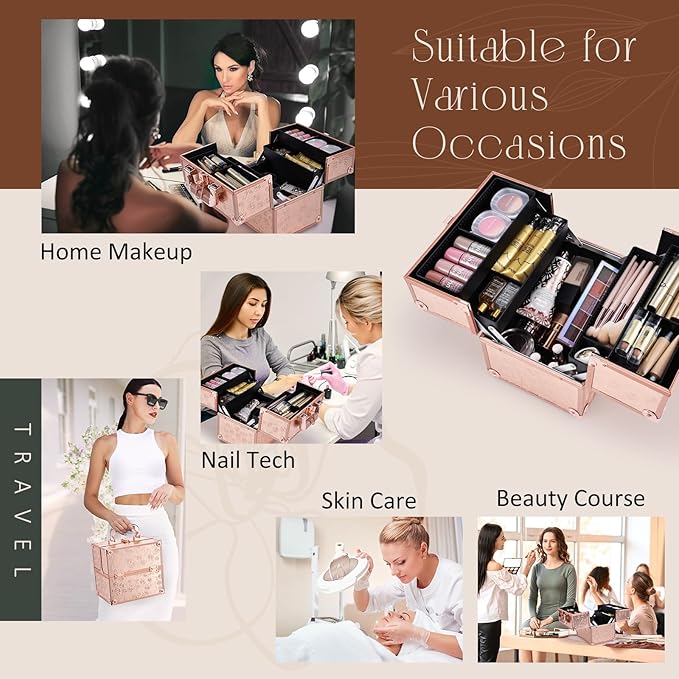 FRENESSA Makeup Train Case Cosmetic Box Portable Makeup Case Organizer 4 Trays Lock Travel Storage Organizer with Dividers Make Up Artist Vanity Hard Nail Spa Beauty Box Rose Gold Floral