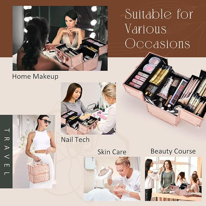 FRENESSA Makeup Train Case Cosmetic Box Portable Makeup Case Organizer 4 Trays Lock Travel Storage Organizer with Dividers Make Up Artist Vanity Hard Nail Spa Beauty Box Rose Gold Floral