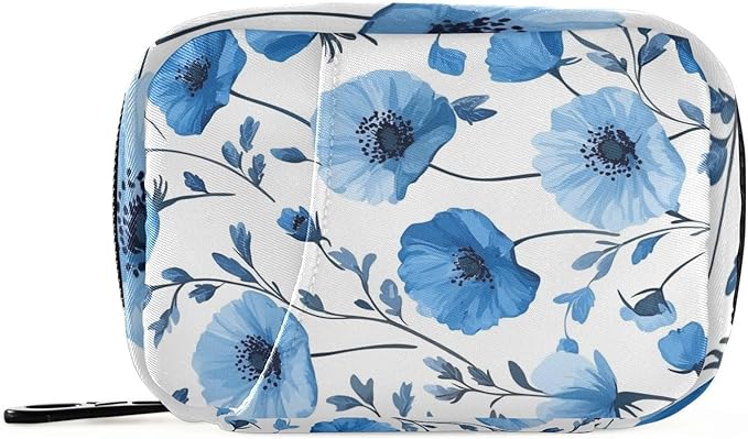 Pill Organizer Box Case Weekly Travel Pill Container Holder 7Day Cute Vitamin Organizer Dispenser Sorter Planner Storage Small Compact Blue Poppy Flowers and Branches03