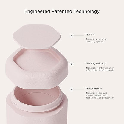 Cadence Travel Containers - Body Care Capsule Set - Magnetic Containers with Lids,Carry On Travel Essentials for Women/Men - 3 Flex Mediums (1.32oz) - Body Wash, Lotion & Sun Icon Labels - Petal