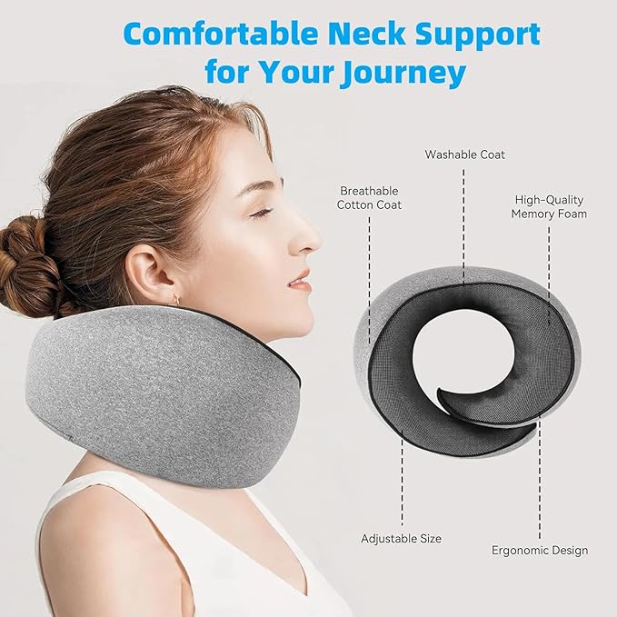 Travel Neck Pillows for Airplanes, 360° Head Support Sleep for Long Flight, Skin-Friendly & Breathable, Kit with 3D Contoured Eye Mask and Earplugs, 100% Pure Memory Foam Full Neck Surround Pillows