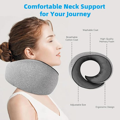 Travel Neck Pillows for Airplanes, 360° Head Support Sleep for Long Flight, Skin-Friendly & Breathable, Kit with 3D Contoured Eye Mask and Earplugs, 100% Pure Memory Foam Full Neck Surround Pillows