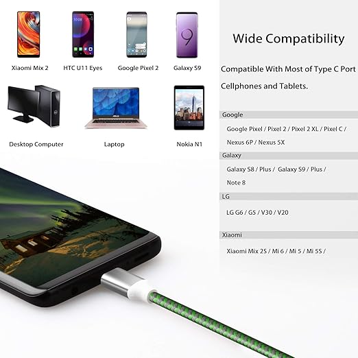 Fasgear 10ft Long USB C Cables 3 Pack, 3A Fast Charging USB A to Type-C Charger Cord Braided Compatible with Galaxy S24/S23/S22/S21 Plus Note 10 A70/LG G6/Moto G/PS 5 (Green/Gold/Orange)