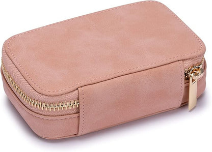 HISCOW Vegan Leather Travel Jewelry Case with Zipper - Portable Necklace & Earring Holder Organizer for Women Girls, Velvet-Lined Ring Box with Anti-Tarnish Design, Pink