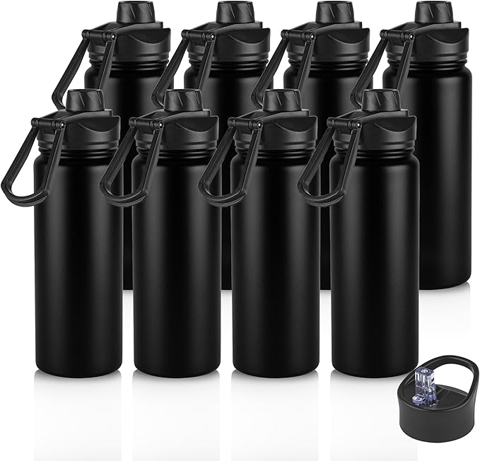 VEGOND 24oz Insulated Stainless Steel Water Bottle with Straw Lid, Double Wall Vacuum Bottle for Hiking, Camping, Gym, Work, Home Use, Black 8 Pack