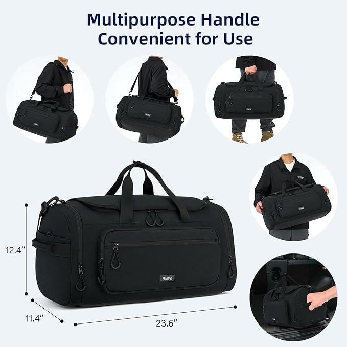 Large Travel Duffle Gym Bag with Shoe Compartment, Underseat Carry On Luggage Overnight Weekender Personal Item Workout Bags for Women Men (Black)