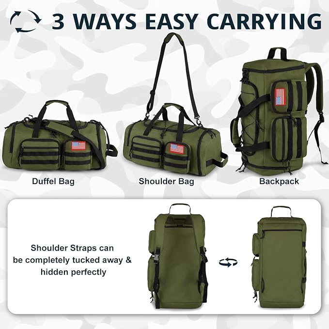 Tactical Gym Bag for Men，50L Large 3 in 1 Sports Duffle Bag with Shoes Compartment for Travel,Water Resistant Travel Backpack Weekender Overnight Bag with Wet Pocket for Women