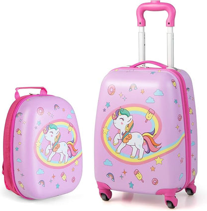 BABY JOY 2 Pcs Kids Luggage Set, 16" Carry-on Luggage Trolley Case & 12" Backpack w/Rolling Wheels, Retractable Handle, Lightweight Airline-approved Design, Kids Suitcase for Girls Boys (White Pony)