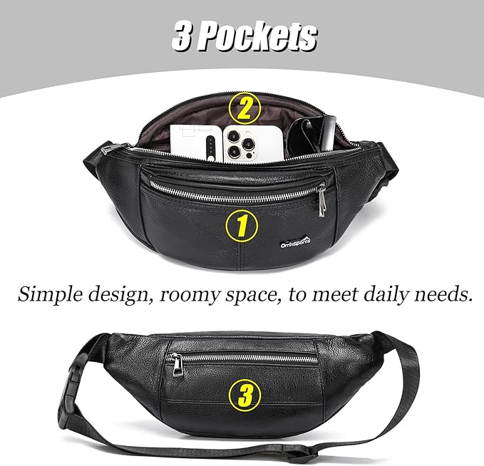 Black Fanny Pack for Men Genuine Leather Waist Bag Multiple Pockets Metal Zippers Belt Bag for Travel Hiking Cycling Fishing