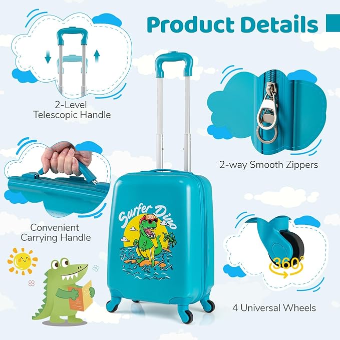 HONEY JOY Kids Luggage, Travel Backpack & Hard Shell Toddler Suitcase, Children Rolling Luggage with Wheels, Retractable Handle & 4 Casters, 2Pcs Carry On Luggage Set for Boys Girls(Green Dinosaur)