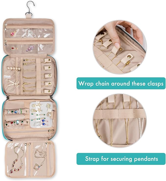 SFYBYHEART Travel Jewelry Organizer Case, Jewelry Travel Bags for Women, Large Capacity Travel Jewelry Case for Tangle-Free Earrings, Necklaces, Rings Storage, Travel Accessories,Teal