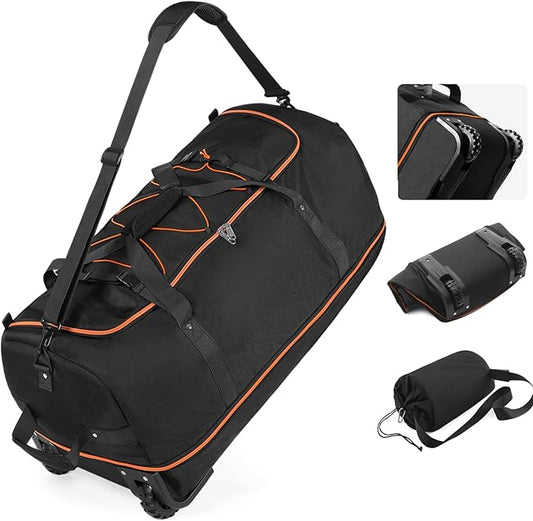 Vomgomfom 32" Soft-Sided Foldable Wheeled Travel Duffel Bag,Expandable 110L to 140L Rolling Cargo Bag with 2 Wheels and Multiple Pockets,Black-orange