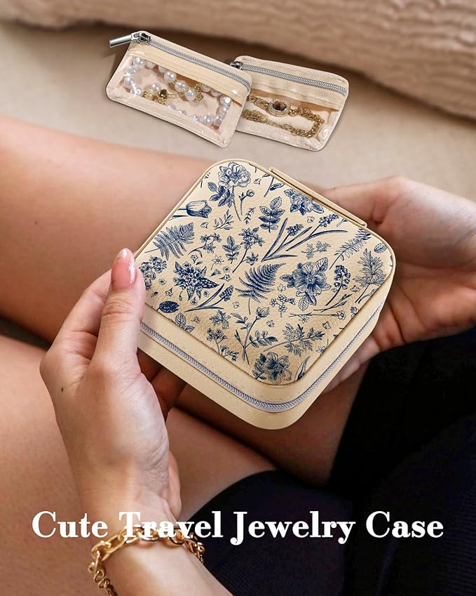 Bistup Travel Jewelry Case - Small Jewelry Organizers and Storage Box for Women Girls Teens Cute Traveling Jewelry Holder with Mirror Little Tiny Compact Modern Unique Aesthetic Pretty, Blue Floral