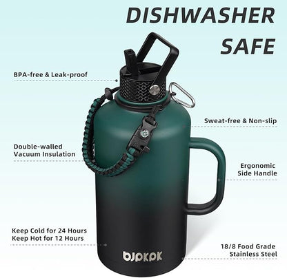 BJPKPK 2/3 Gallon Water Bottle Insulated with Straw Lid, 50oz,64oz,87oz,128ozLarge, Stainless Steel Water Bottles with 3 Lids and Paracord Strap,Double Wall Vacuum Metal Water Jug,Army Green&Black