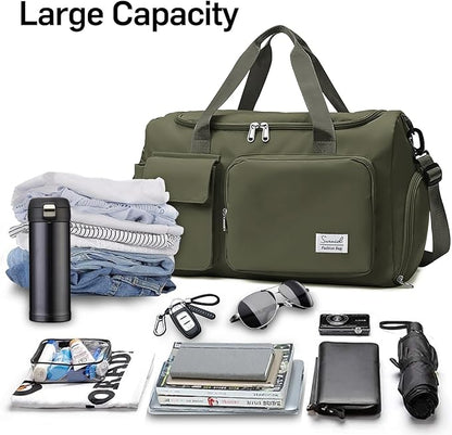 Travel Duffel Bag with Shoes Compartment Sports Gym Bag with Dry Wet Separated Pocket for Men and Women, Overnight Bag Weekender Bag Training Handbag Yoga Bag - Olive Green