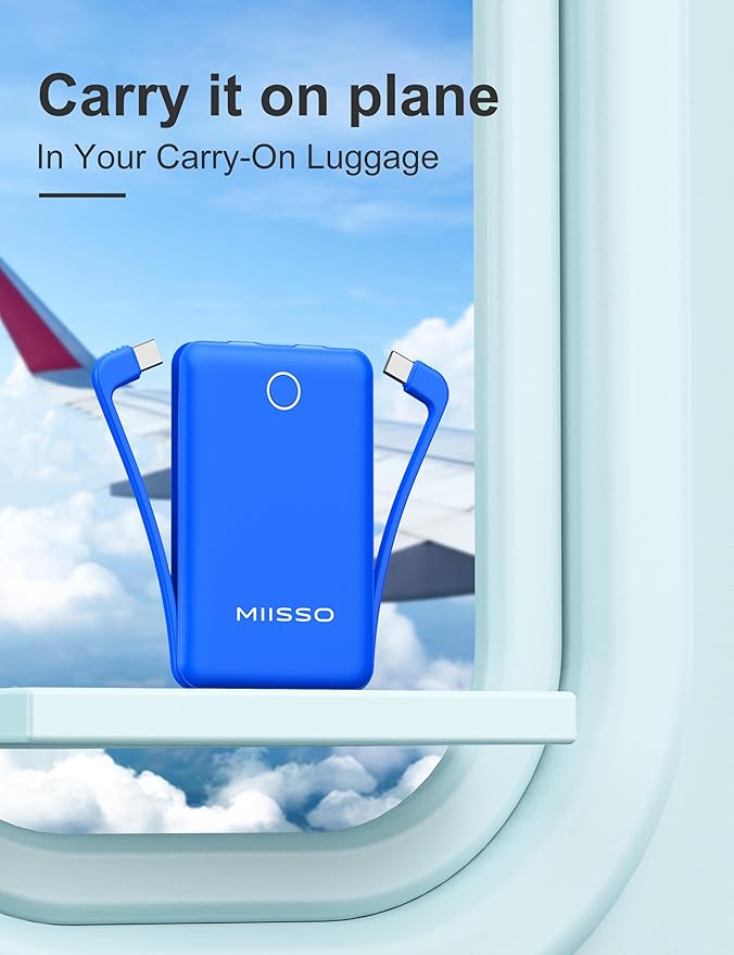 miisso 10000mAh Compatible with iPhone 15/16/17 and Android, Slim Portable Charger with Built in Cable, Power Bank Travel Charger External Battery Pack for Phone, 3 Output USB Type C Cord, Deep Blue