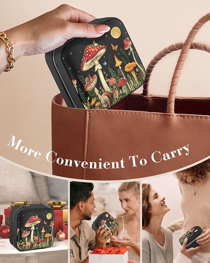 Bistup Travel Jewelry Case - Small Jewelry Organizers and Storage Box for Women Girls Teens Cute Traveling Jewelry Holder with Mirror Little Tiny Compact Modern Unique Aesthetic Pretty, Mushroom