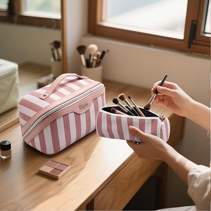 BOYATU Travel Makeup Bag for Women: Large Cosmetic Bag Set of 3 - PU Leather Make up Bag with Compartments - Compact Waterproof Toiletry Bag with Divider & Handle (B-1-Pink)