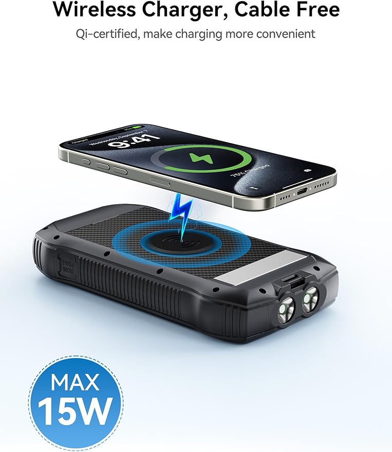 Solar Charger Power Bank, 40000mAh Wireless Portable Charger QC3.0 PD 20W Fast Charging with USB-C in/Output, External Battery Pack with Dual Flashlights Hiking Camping Essential