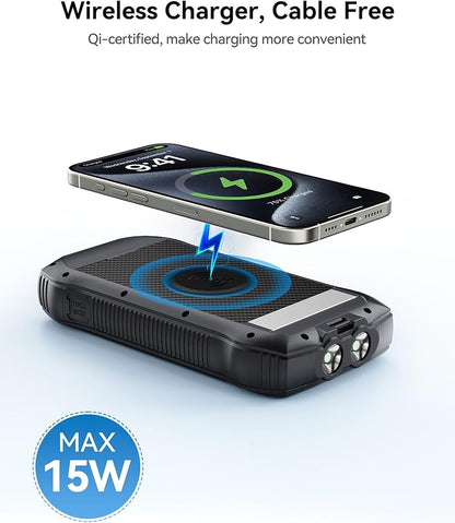 Solar Charger Power Bank, 40000mAh Wireless Portable Charger QC3.0 PD 20W Fast Charging with USB-C in/Output, External Battery Pack with Dual Flashlights Hiking Camping Essential