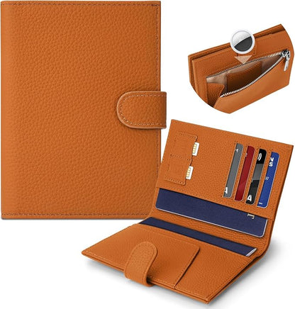 Genuine Leather Passport Holder for Women Men, Hidden Airtag Pocket, RFID Blocking, Zippered Coins Pocket & Cash Compartment Travel Gifts Essentials Passport Cover Case - Yellowish-brown