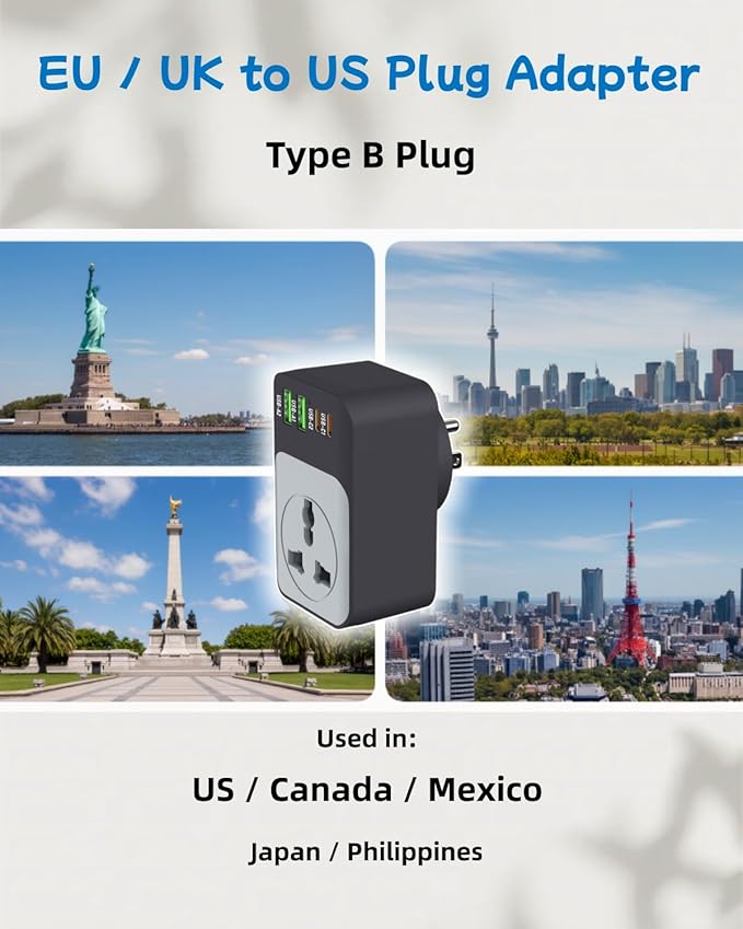Universal Travel Adapter, COOFINE 65W Plug Adapter with 1 International Outlet 2 PD USB C 2 USB Ports, 110-240v, 5 in 1 Type B Universal Power Adapter for EU UK to US Worldwide Travel