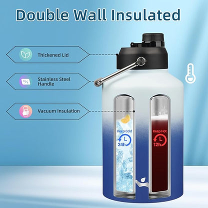 1 Gallon Jug with Handle,128 oz Insulated Water Bottle with Carrying Pouch, Double Wall Vacuum Stainless Steel Metal Bottle,Sky