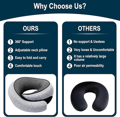 Travel Neck Pillow for Airplanes, 100% Memory Foam Neck Pillow for Sleeping, 360° Neck Support Pillow, Compact and Ergonomic Design for Travel, Car Rides, Airport (Light Grey)