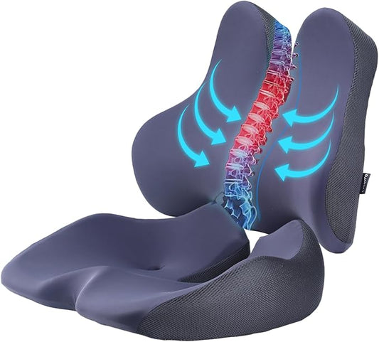 Large Seat Cushion & Lumbar Support Pillow Set for Car & Office Chair,Memory Foam Ergonomic Desk for Tailbone & Sciatica & Hip Pain Relief,Back Support-Black