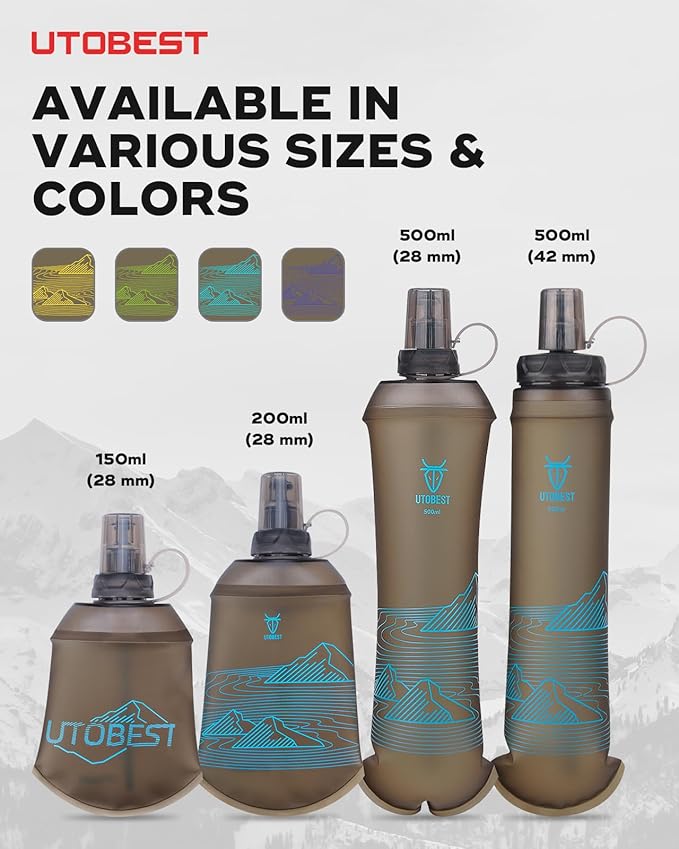 150ml Soft Flask, 2 Pack Flexible TPU Hydration Water Bottle, Collapsible with 28mm Caliber for Running, Hiking, Cycling, Climbing, and Marathon Blue