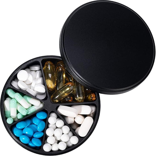 Pill Organizer with 6 Compartments - Heavy Duty Metal Daily Pill Case, Large Pill Container Holder, Waterproof Medication Dispenser Pill Box for Vitamin Supplement Medicine Fish Oils, 0.38lb, Black