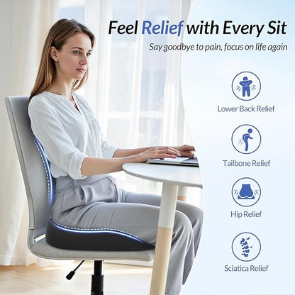 ZIKEE Ergonomic Seat Cushion with Thigh Slope for Long Sitting, Memory Foam Office Chair Cushion for Car, Home, Plane, U-Shaped Design Relieves Hip, Tailbone Pain, Non-Slip Sciatica Pain Relief Pillow