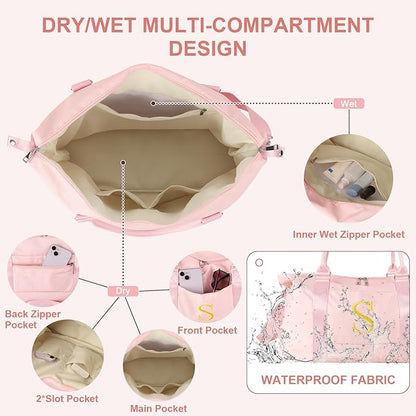 Personalized Initial Gym Dance Bag, Travel Duffel Bag for Teen Girls, Carry On Bag Overnight Weekender Bag with Trolley Sleeve, Birthday Gifts for Women Mom Daughter Graduation Gift(Letter S, Pink)