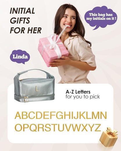Appreciation Gifts for Woman, Personalized Makeup Bag with Handle, Initial Double Layer Cosmetic Bag with Makeup Brush Organizer, Cute Cosmetic Pouch for Women, Gift Ideas for Teen Girls