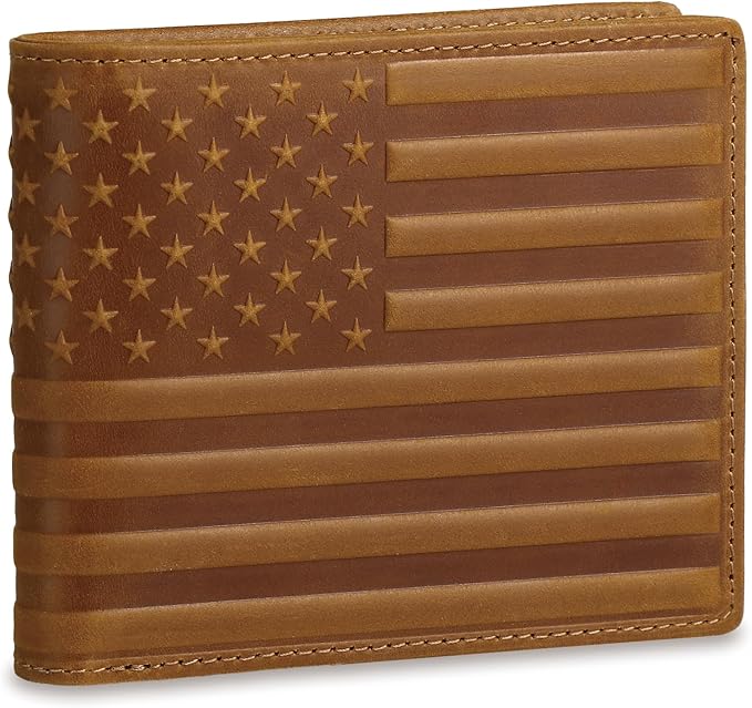 Full Grain Leather Wallet for Men, RFID Blocking, Mens Wallet Bifold with 2 ID Windows, Billfold with 13 Card Slots, Leather Gift for Men, American Flag Wallet Brown