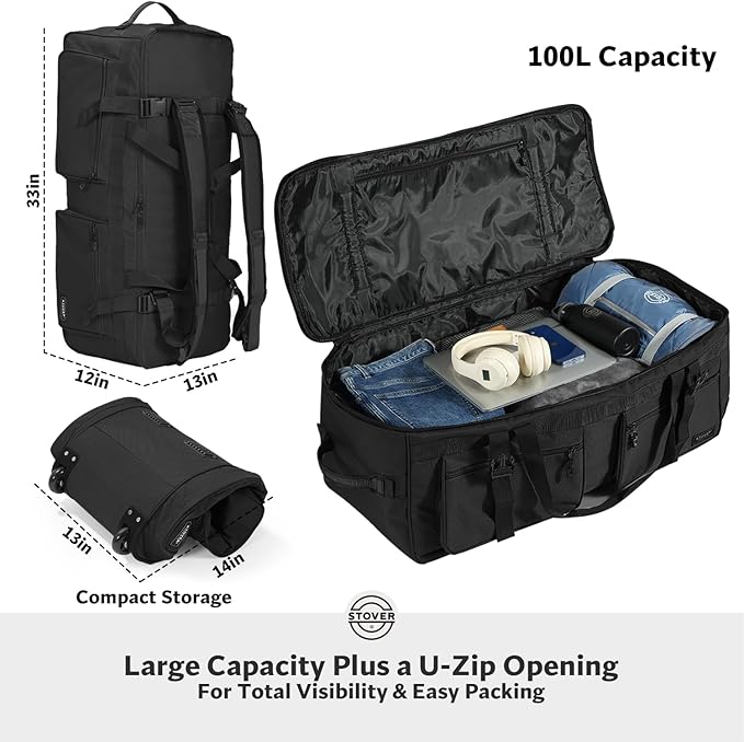 STOVER 100L U-Zip Rolling Duffel Bag with Wheels, X-Large Durable Travel Duffle + Toiletry Bag, Heavy Duty, Lay-Flat Opening, Packable w/Shoulder Straps- Use as Luggage or Backpack, Men/Women (Black)